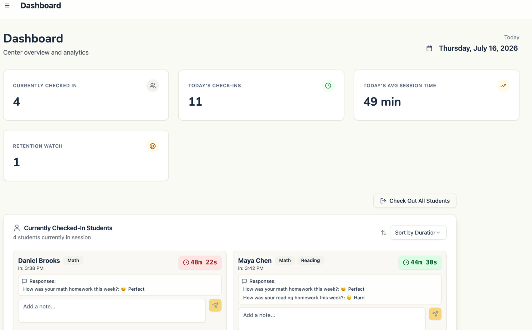 ClassCheckpoint dashboard: four students currently checked in with live session timers and their homework ratings, one rated math Easy, others Perfect