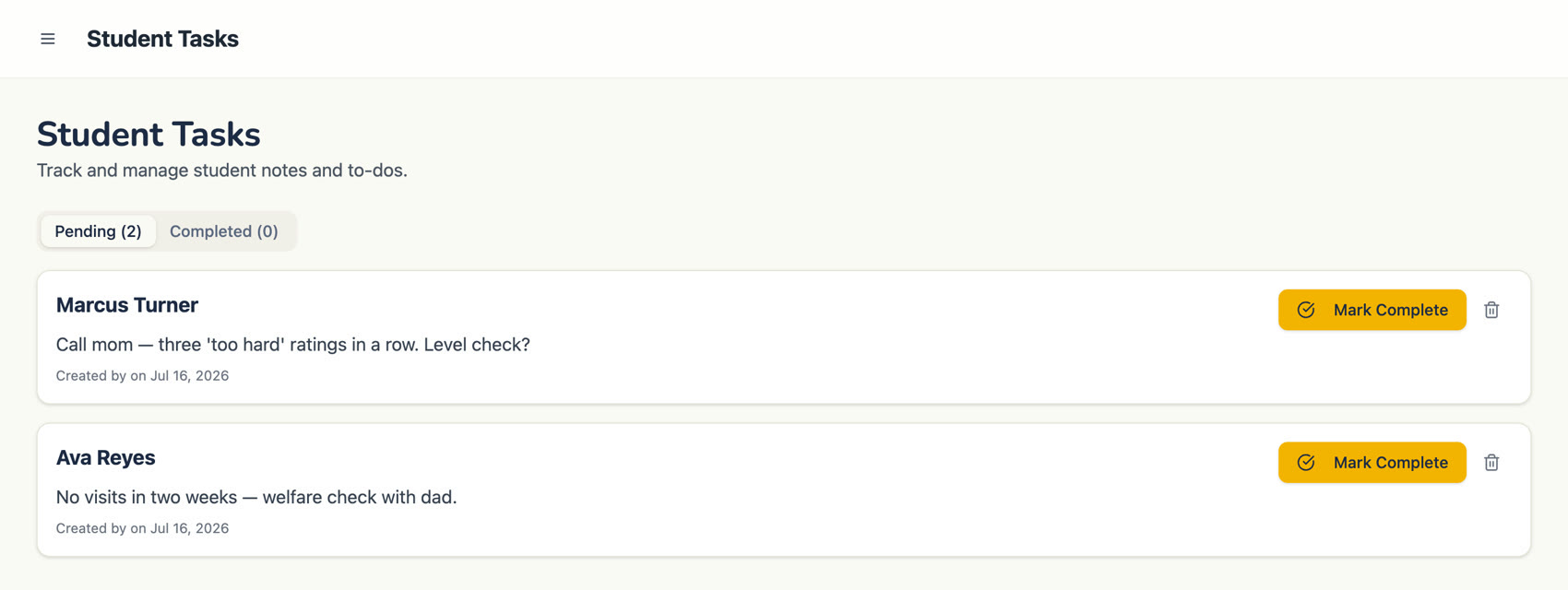 Student Tasks: two pending tasks with plain-language reasons and Mark Complete buttons